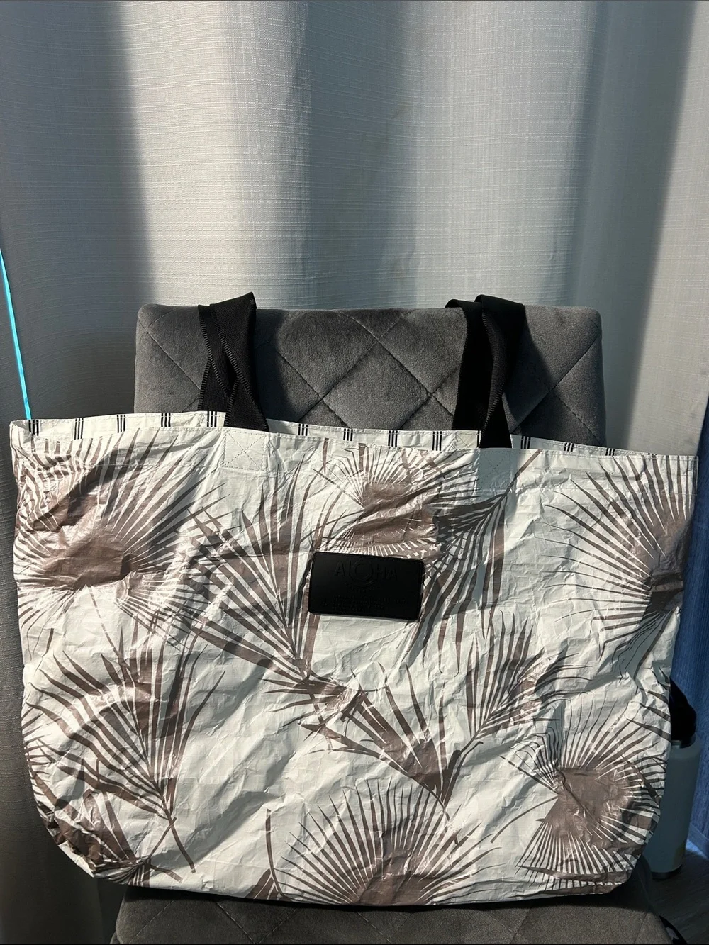 Oversized Palm Print ALOHA Collection Tote Bag in Cream and Brown